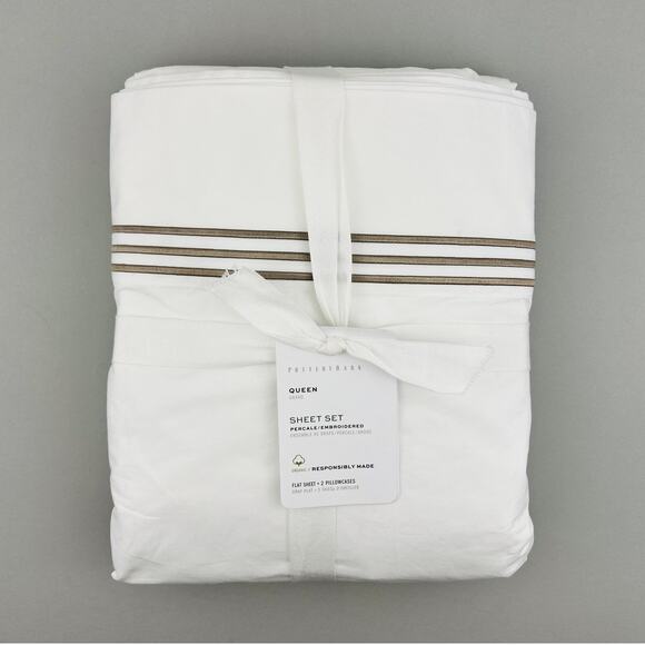 Pottery Barn Sheet Set QUEEN Percale Embroidered Organic 400TC Simply Taupe New - Picture 1 of 10
